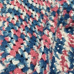 Pre-loved Handmade Crochet Afghan Throw Blanket Pink Blue White 63" x 63" Baby